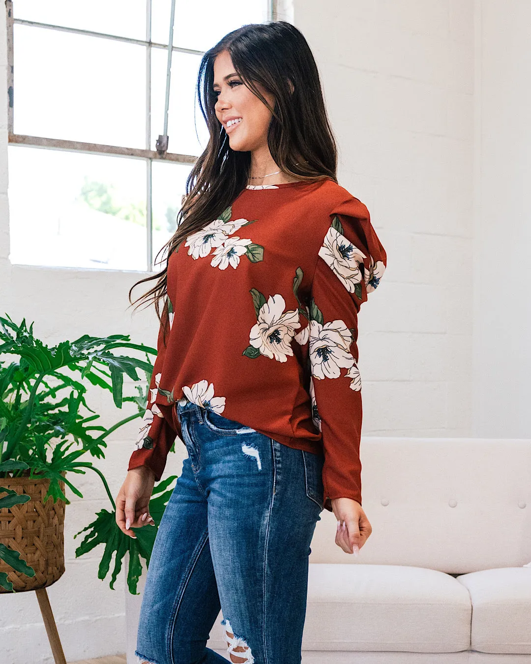 Find A Pulse Floral Puff Sleeve Top - Chestnut