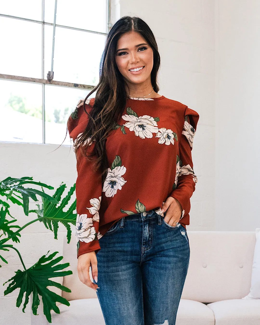 Find A Pulse Floral Puff Sleeve Top - Chestnut