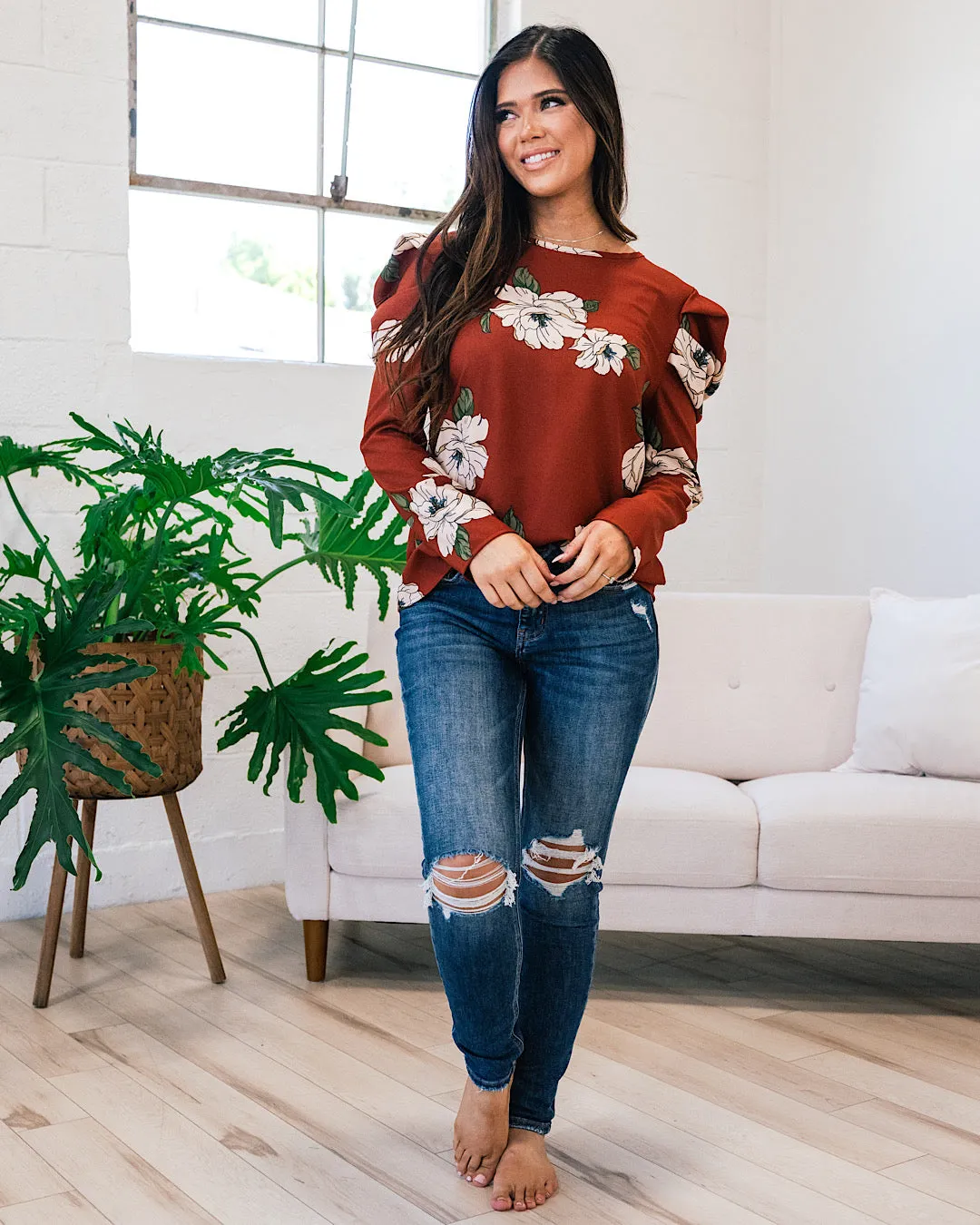 Find A Pulse Floral Puff Sleeve Top - Chestnut