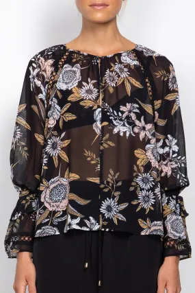 Flora Black Floral LS Blouse