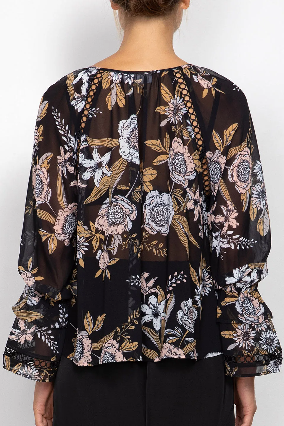 Flora Black Floral LS Blouse