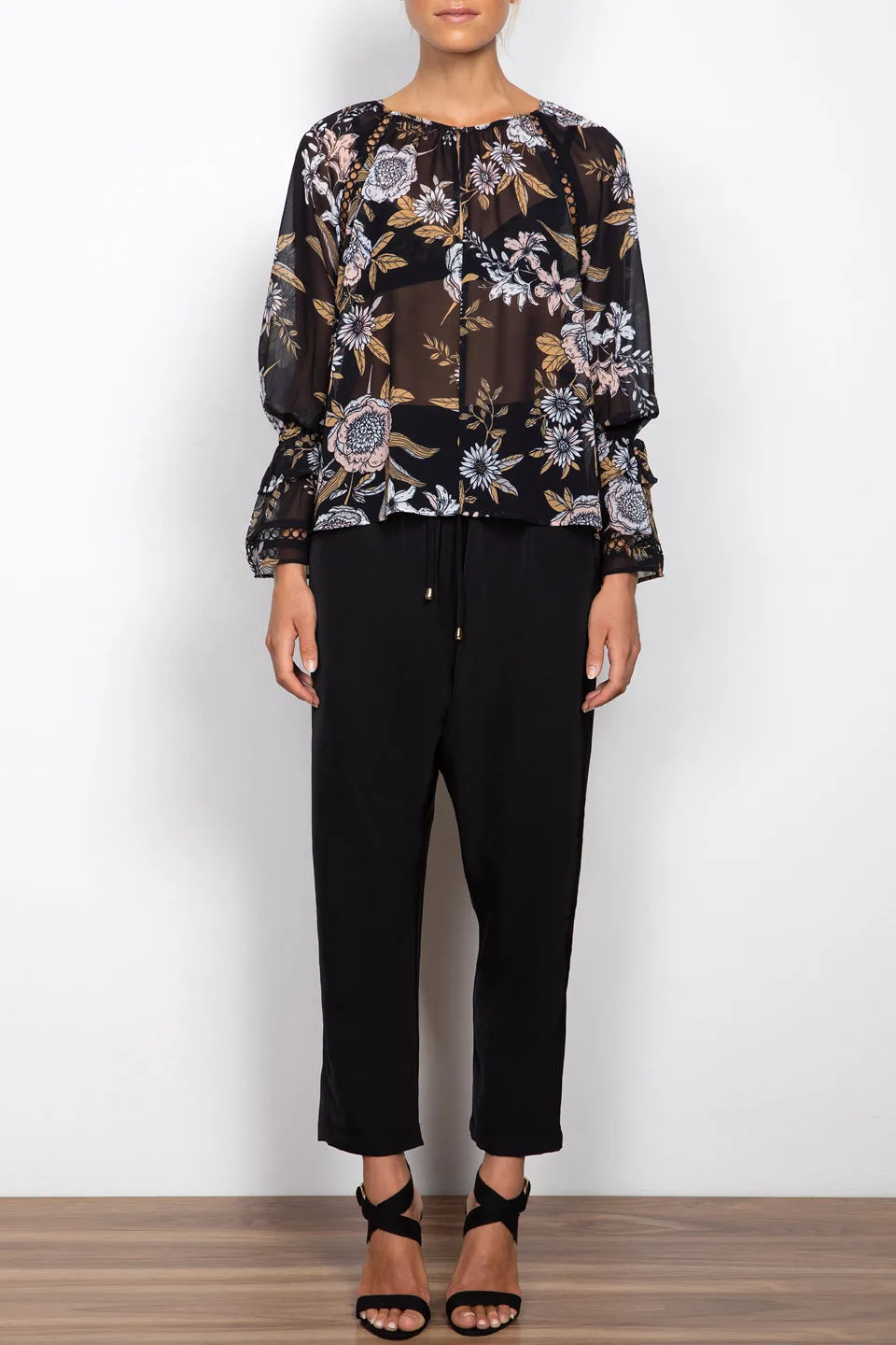 Flora Black Floral LS Blouse