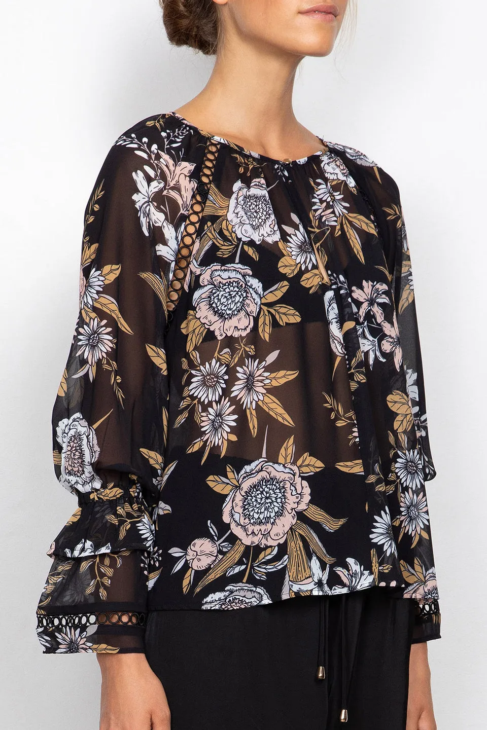 Flora Black Floral LS Blouse