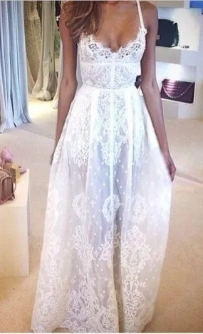 Flowy Full Lace Sexy Spaghetti Strap Applique Romantic Sheer Beach Wedding Dresses