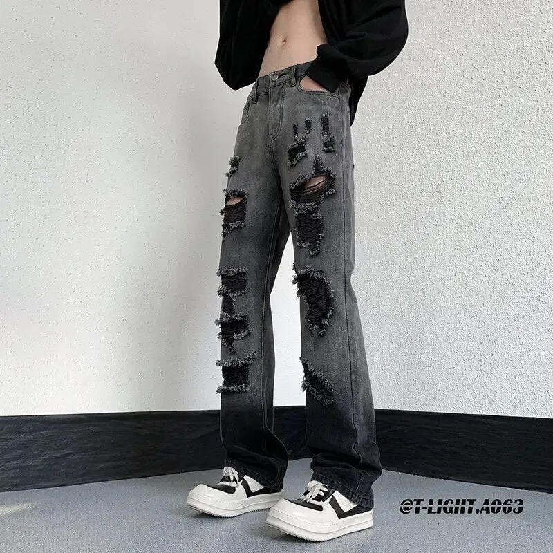 Foesce- American Scraped Torn Jeans Men's Summer Autumn Hiphop High Street Beggar Pants Retro Straight Tube Loose Wide Leg Denim Pants