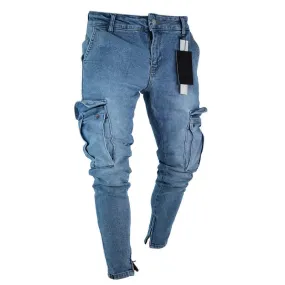 Foesce -Mens Jeans Denim Pocket Pants Summer Autumn Thin Slim Regular Fit Straight Jeans Elasticity Stretchy Male zipper trousers