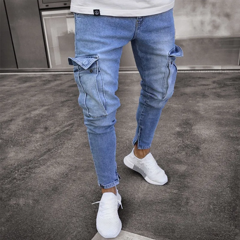 Foesce -Mens Jeans Denim Pocket Pants Summer Autumn Thin Slim Regular Fit Straight Jeans Elasticity Stretchy Male zipper trousers