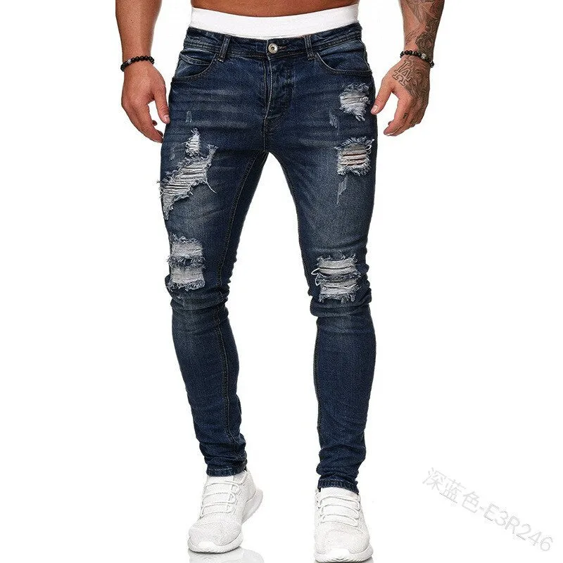 Foesce -Mens Jeans Denim Pocket Pants Summer Autumn Thin Slim Regular Fit Straight Jeans Elasticity Stretchy Male zipper trousers