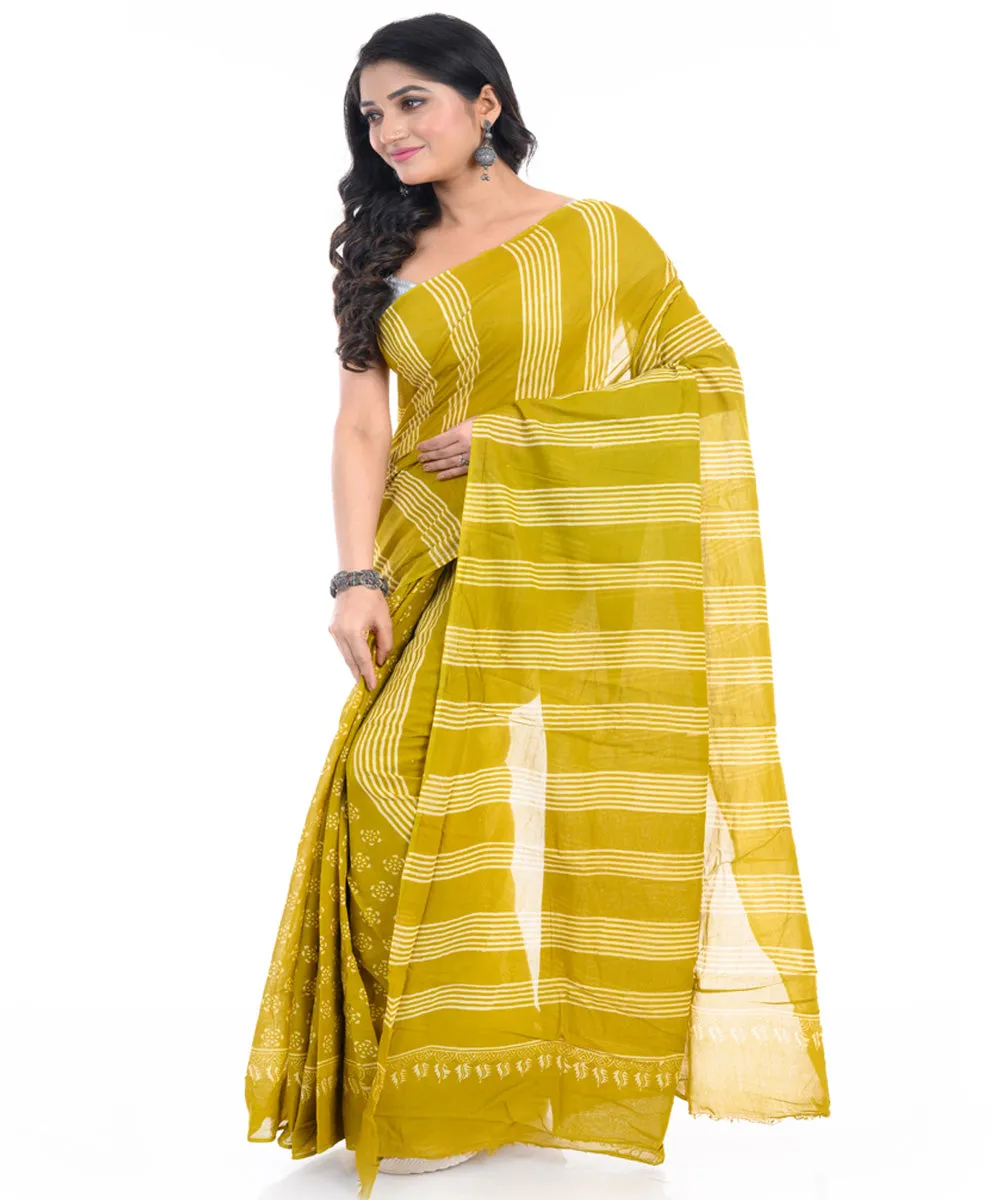 Green striped hand block printed bengal cotton saree