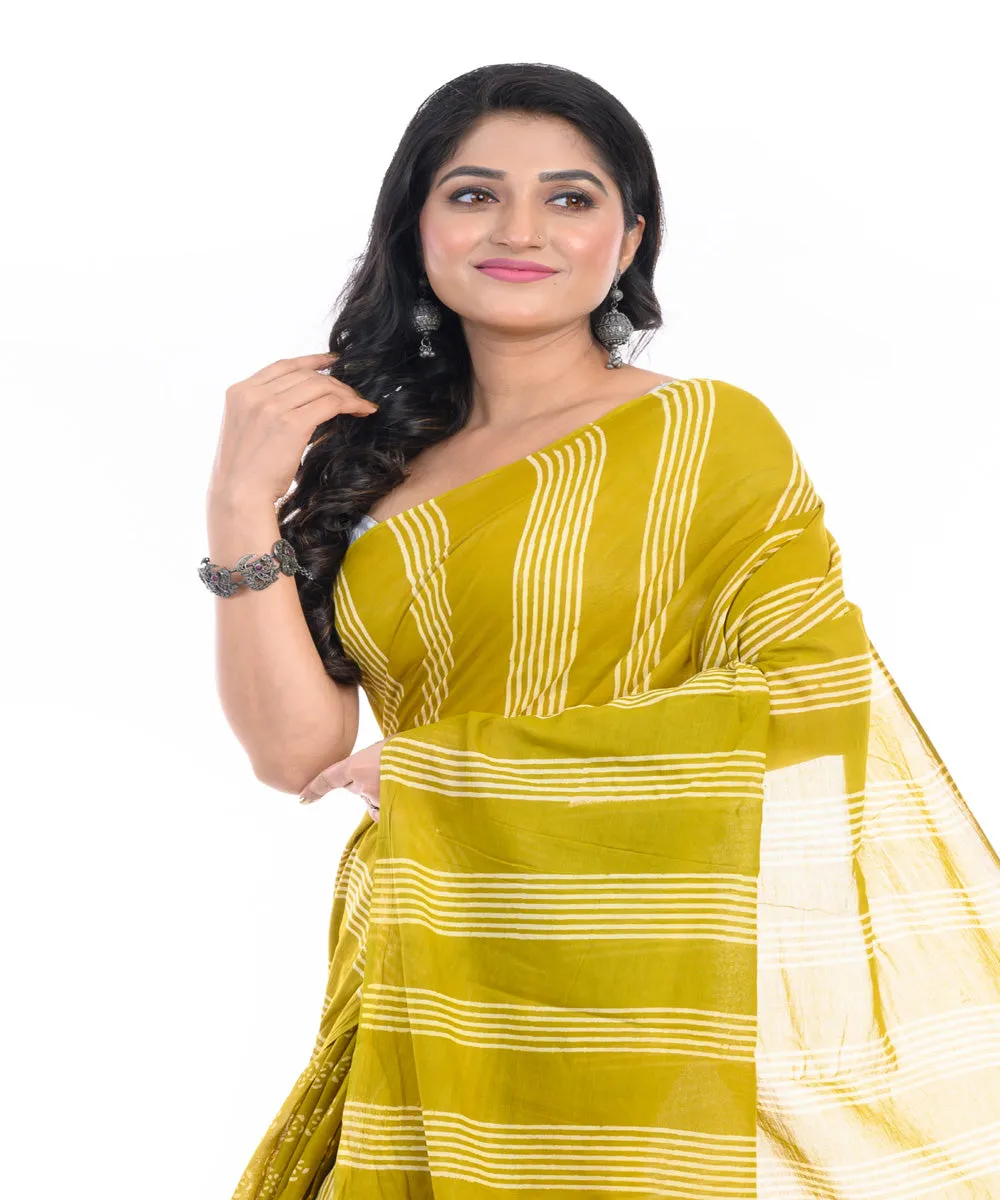 Green striped hand block printed bengal cotton saree