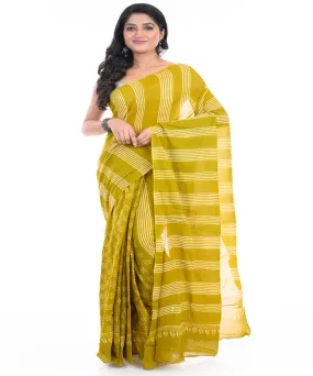 Green striped hand block printed bengal cotton saree