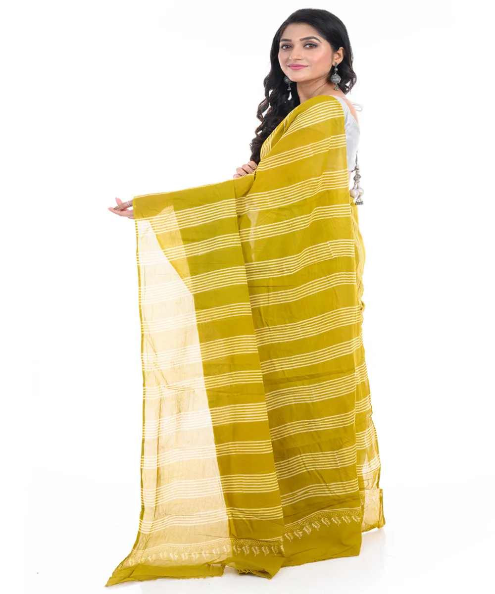 Green striped hand block printed bengal cotton saree