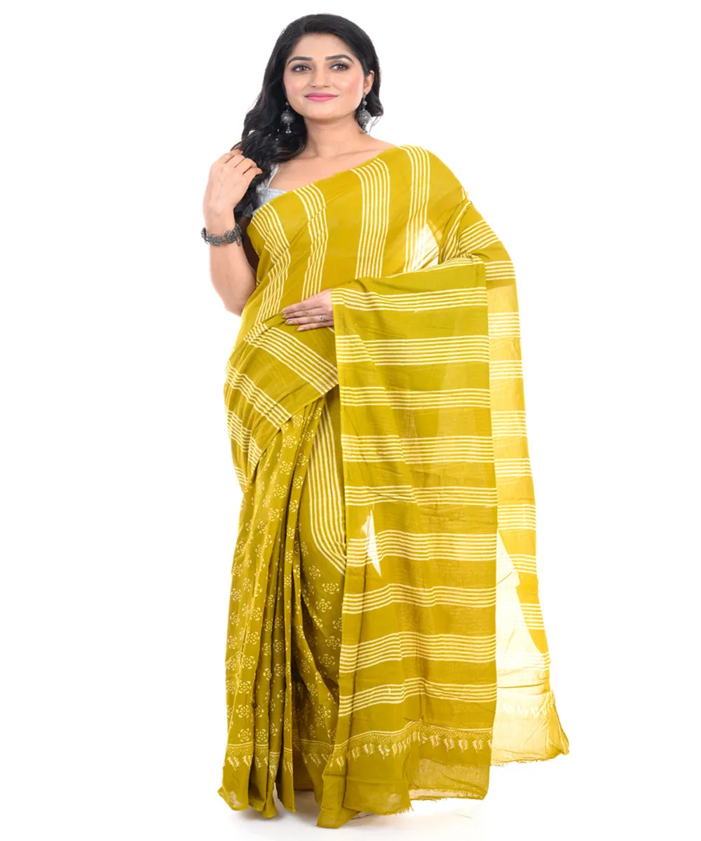 Green striped hand block printed bengal cotton saree