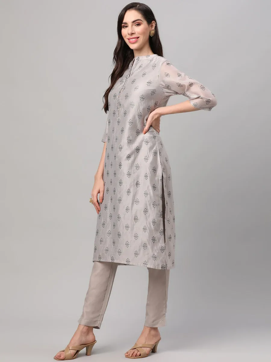 Grey Geometric Printed Kurta Trouser Dupatta