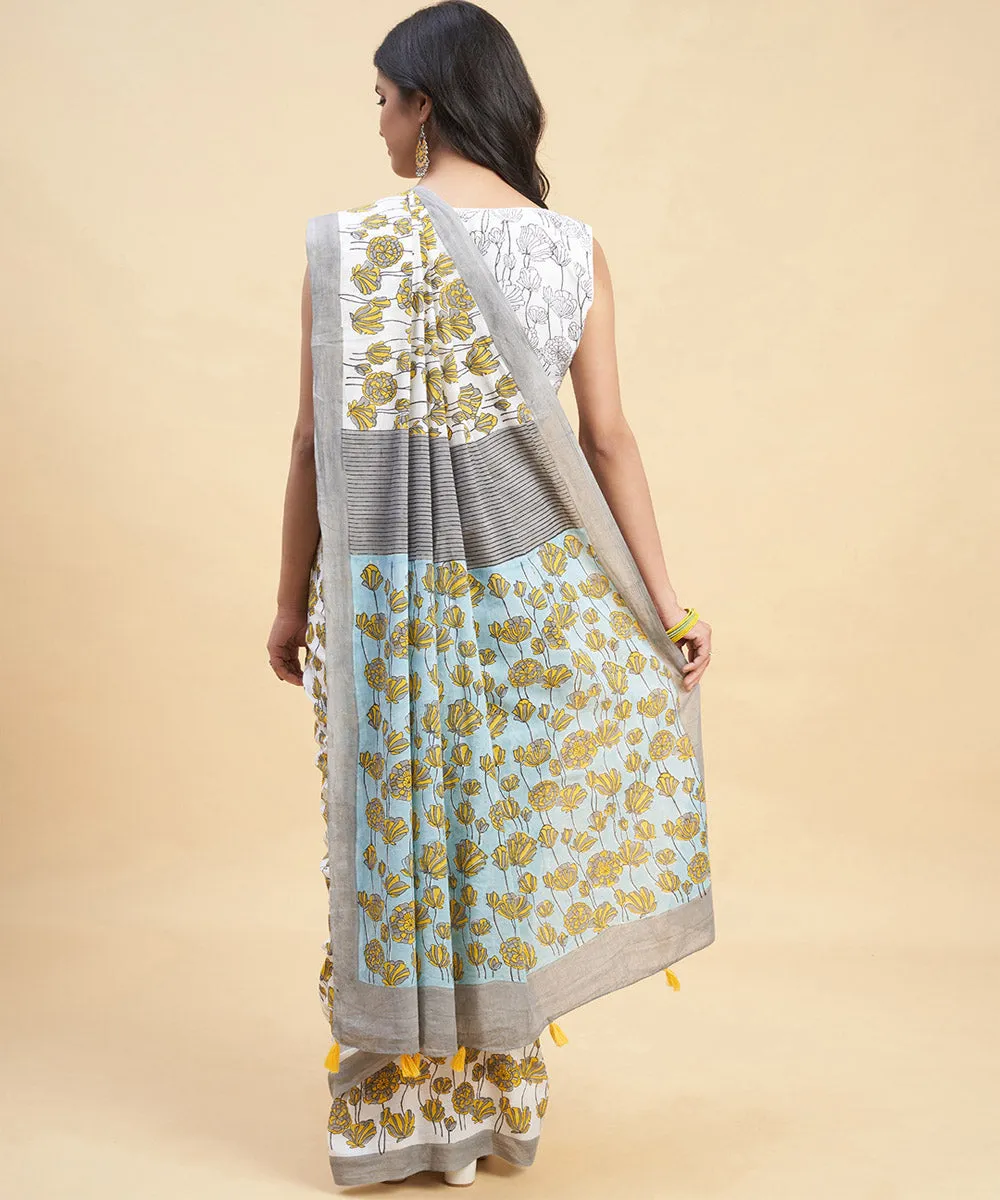 Grey mustard cotton hand block sanganeri printed saree