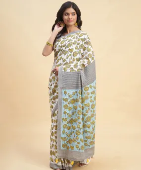 Grey mustard cotton hand block sanganeri printed saree