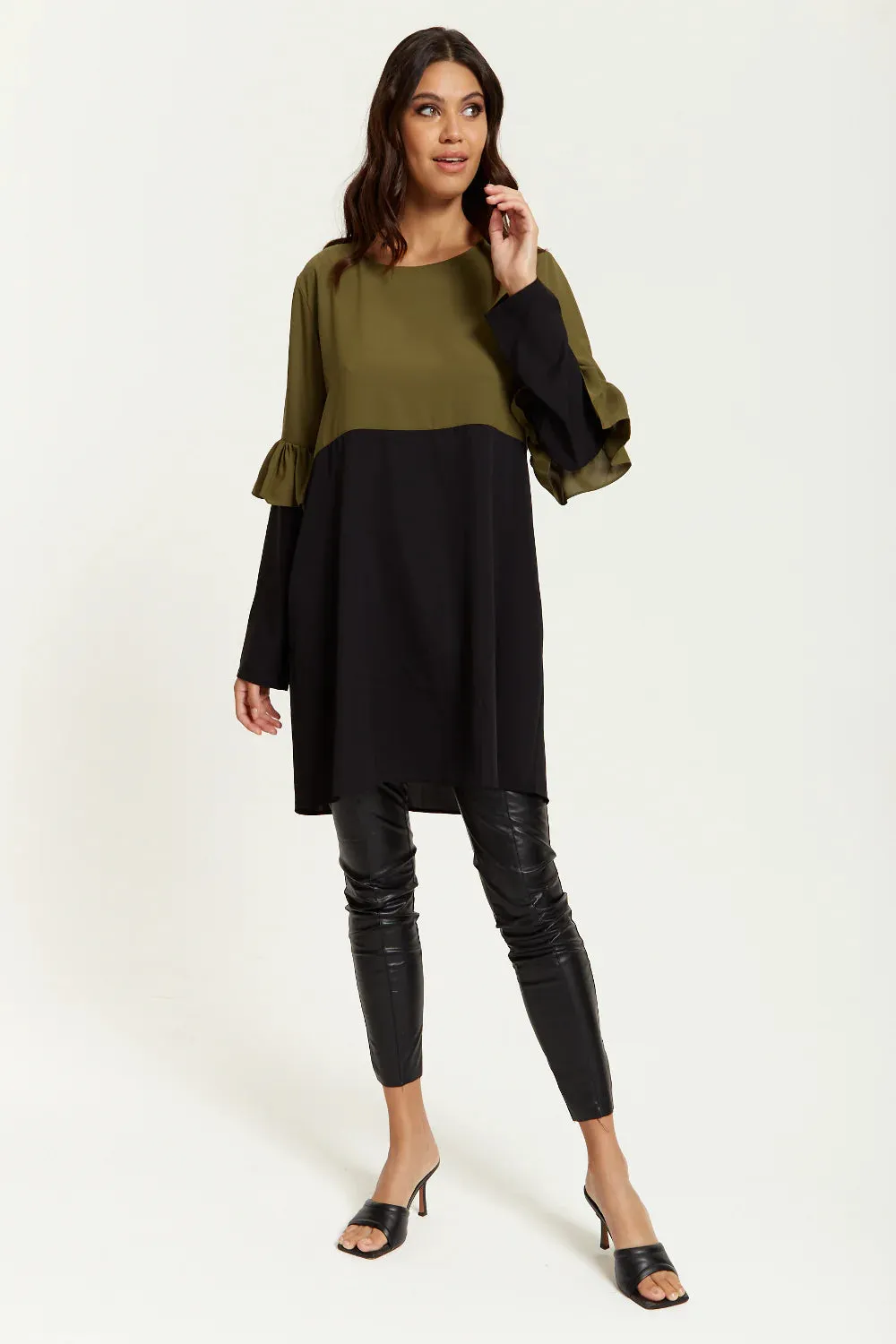 Hoxton Gal Colour Block Satin Tunic With Frill Detail Sleeve