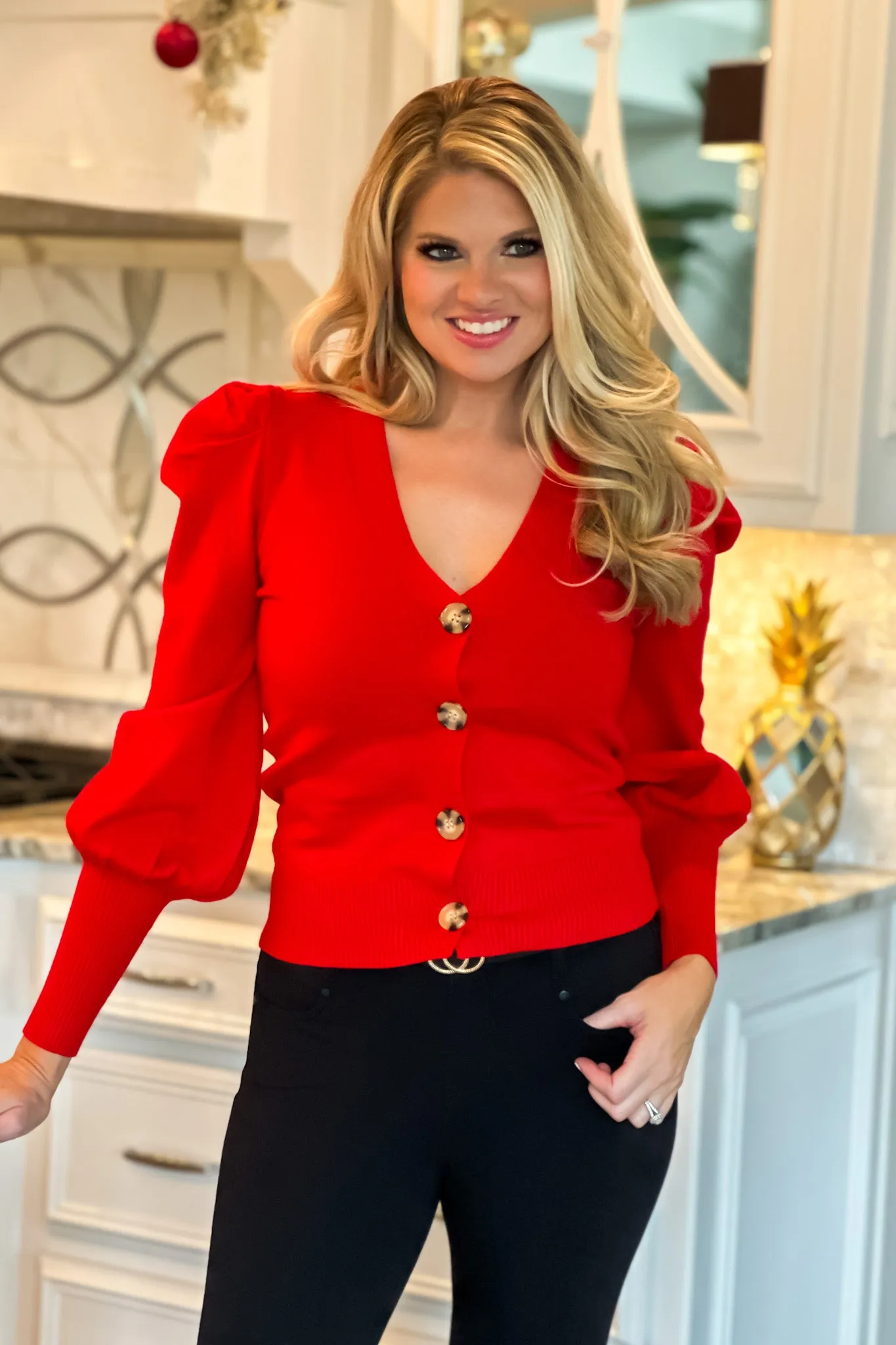 Let Me Adore You Puff Sleeve Cardigan : Red