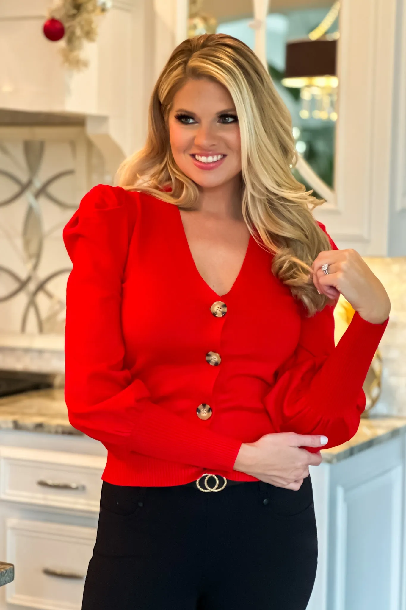 Let Me Adore You Puff Sleeve Cardigan : Red