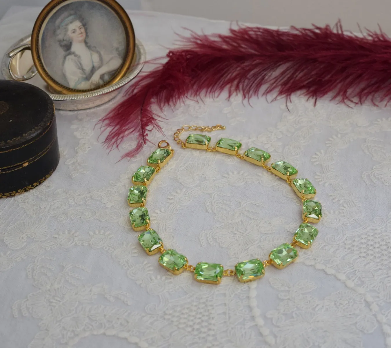 Light Green Aurora Crystal Collet Necklace - Large Octagon