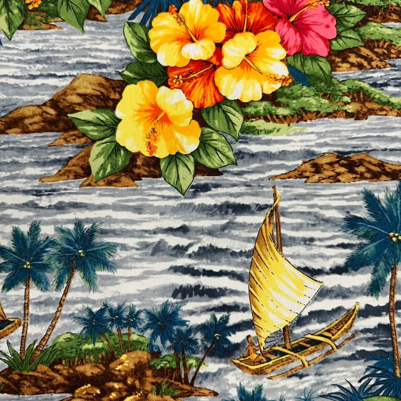 Light grey fabric with catamaran and hibiscus