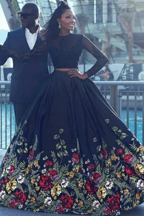 Long Sleeve Two Piece Black Floral Prom Dress with Beading Lace Evening Dresses