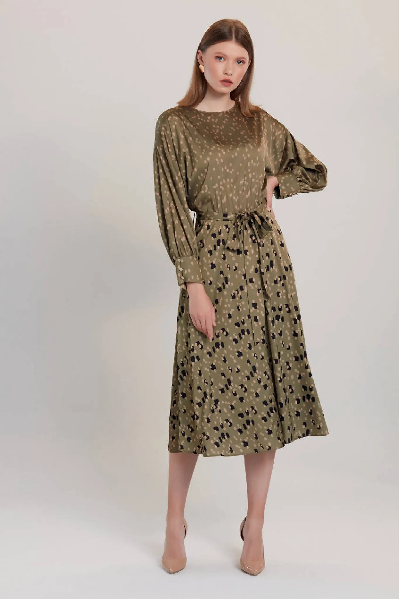 Love And Joy London Khaki Dalmatian Print Midi Dress