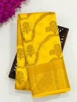 Lovely Yellow Color Flower With Leaf Design Silk Cotton Saree And Pallu Brocade Design.