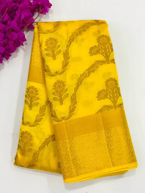 Lovely Yellow Color Flower With Leaf Design Silk Cotton Saree And Pallu Brocade Design.