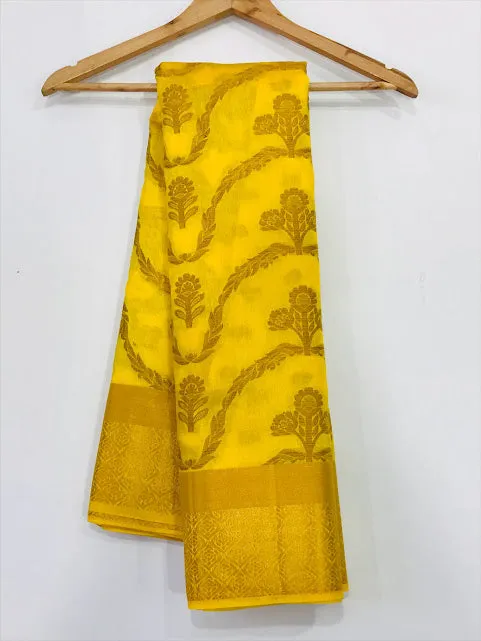 Lovely Yellow Color Flower With Leaf Design Silk Cotton Saree And Pallu Brocade Design.