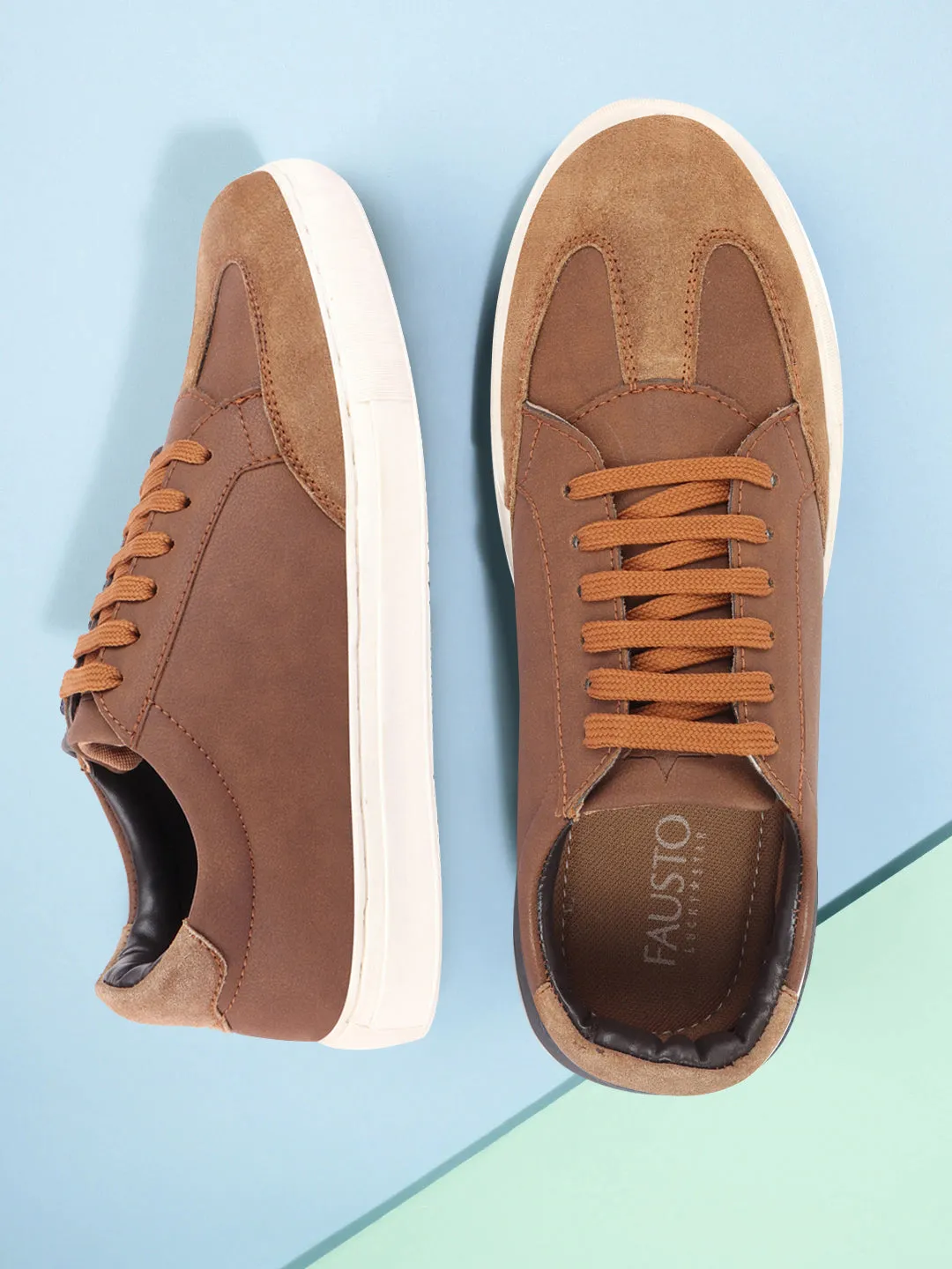 Men Tan Lace-Up Low Top Classic Sneakers Casual Shoes