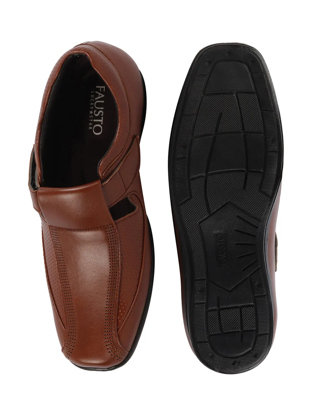 Men Tan Shoes Style Casual Slip On Adjustable Strap Velcro Sandal For All Day Comfort