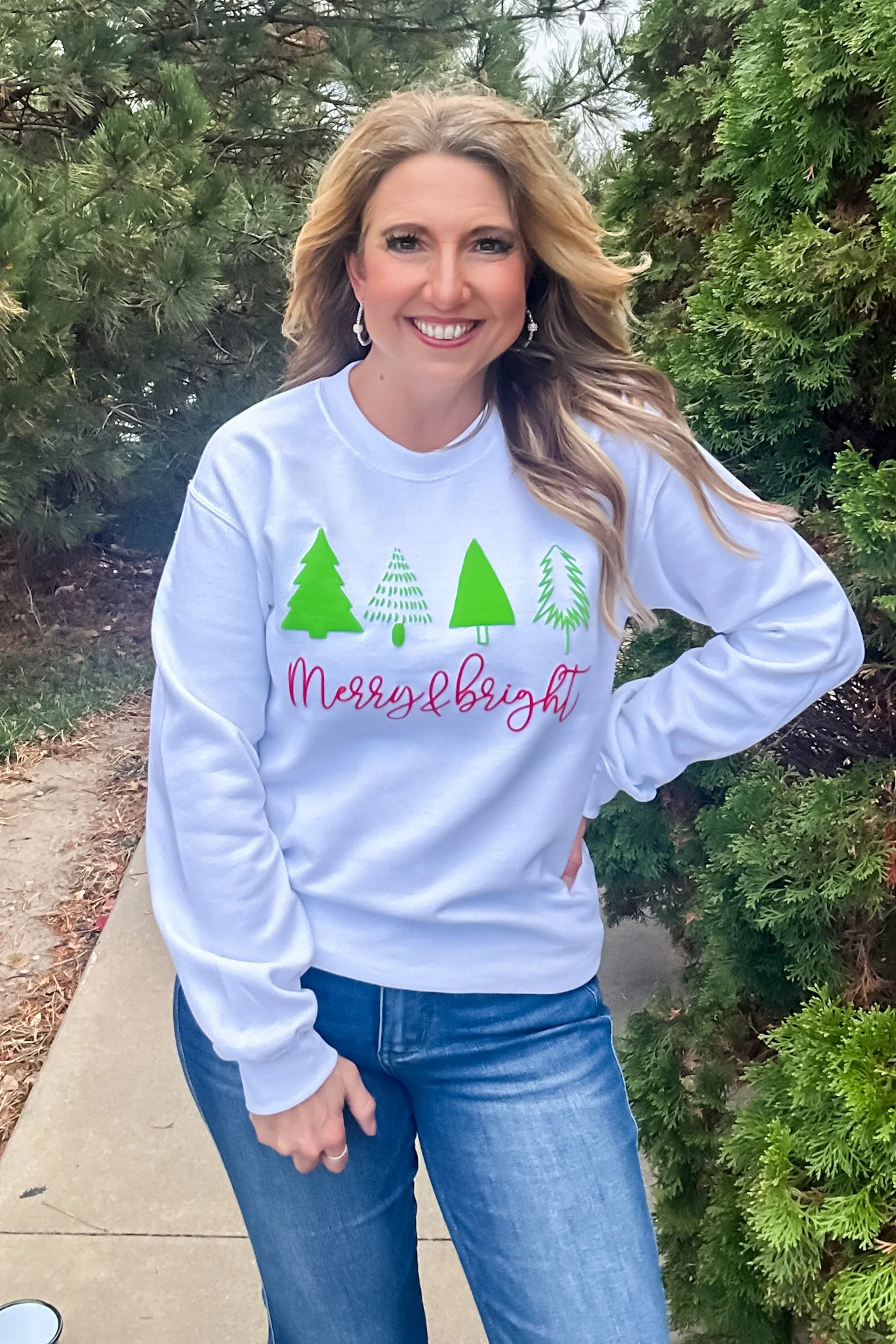 Merry & Bright Puff Trees Sweatshirt : White/Red/Green