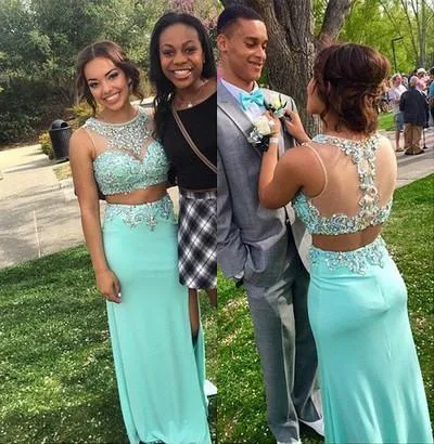 mint green long charming prom dress two pieces prom dress beaded evening dress