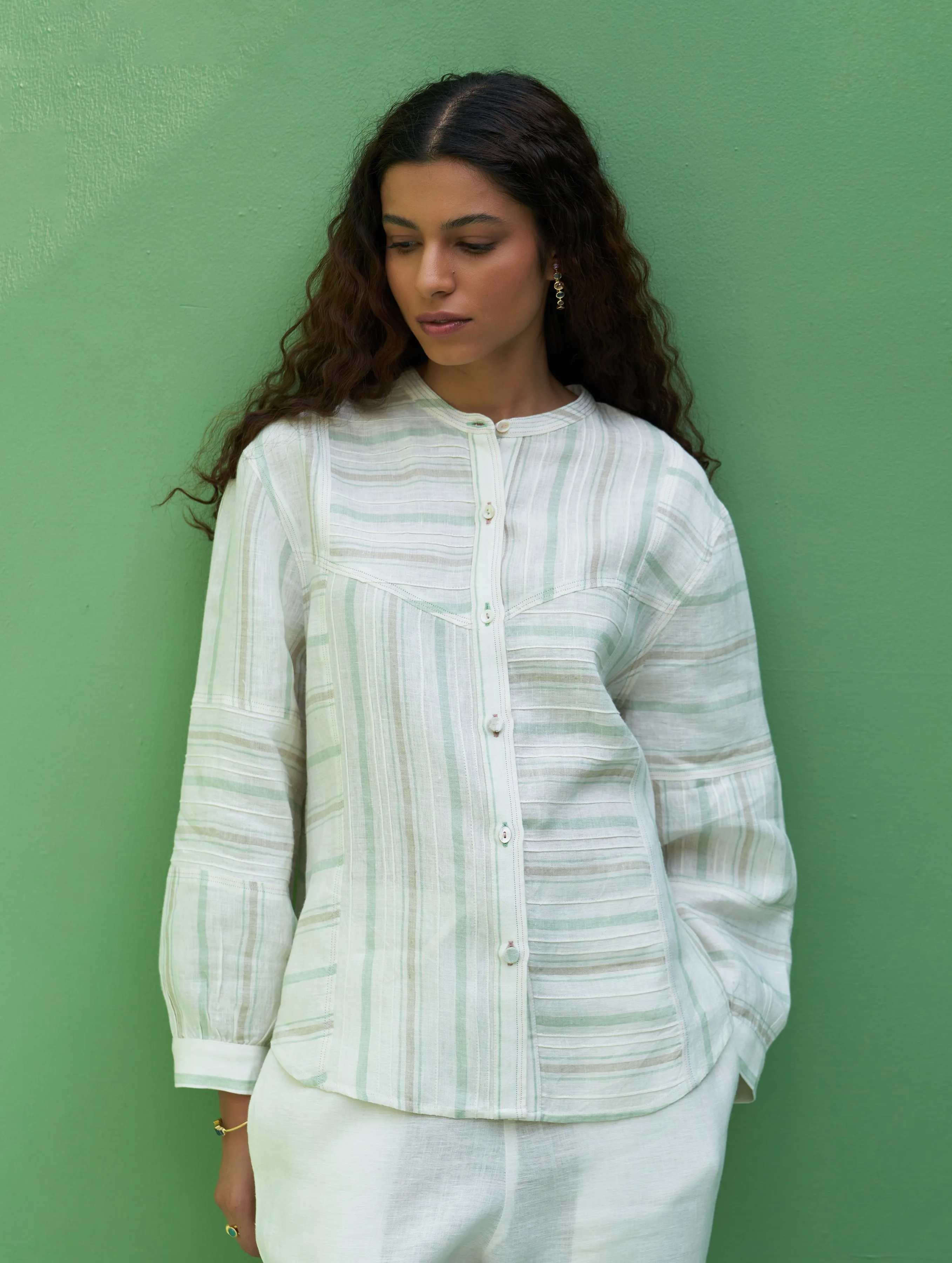 Miyu Pintucked Linen Shirt - Mint