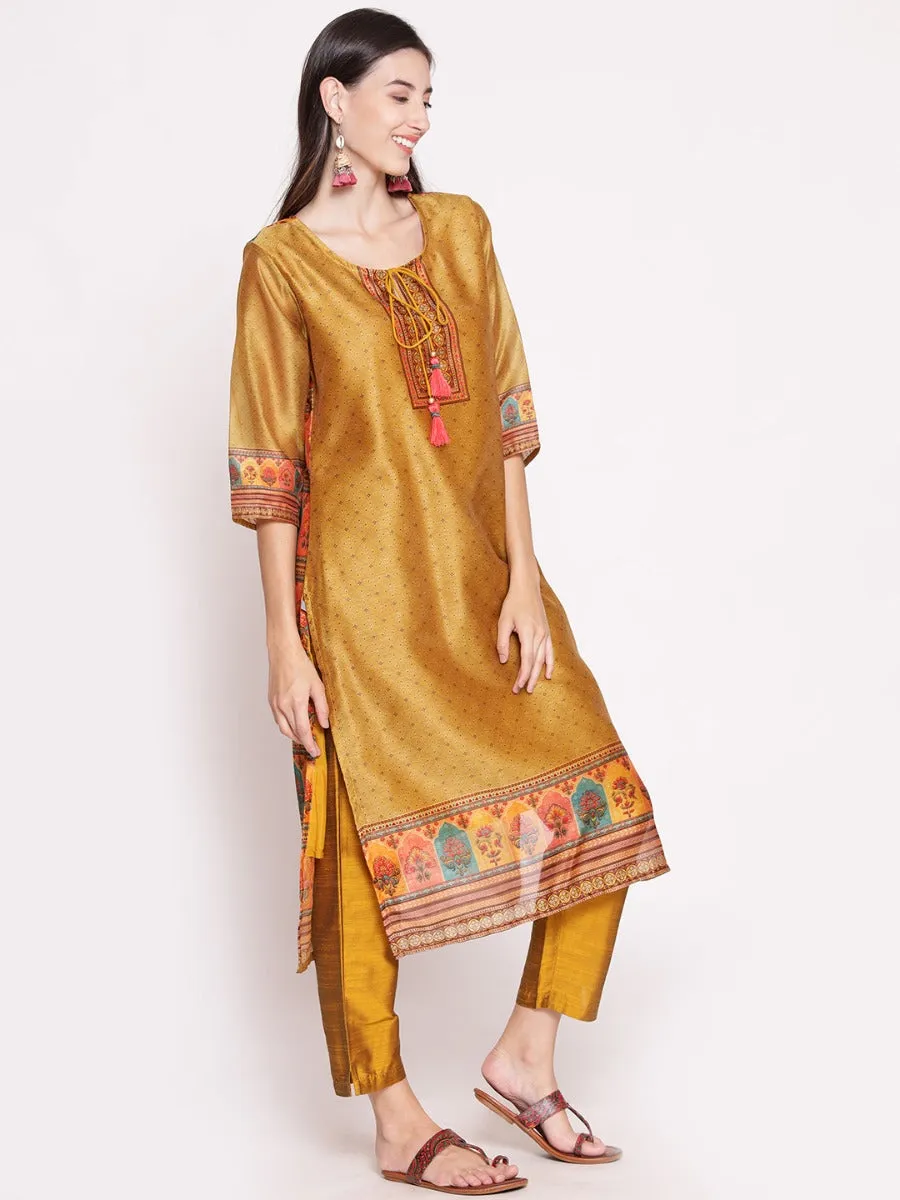 Mustard Ornamental Printed Kurta Pant Dupatta