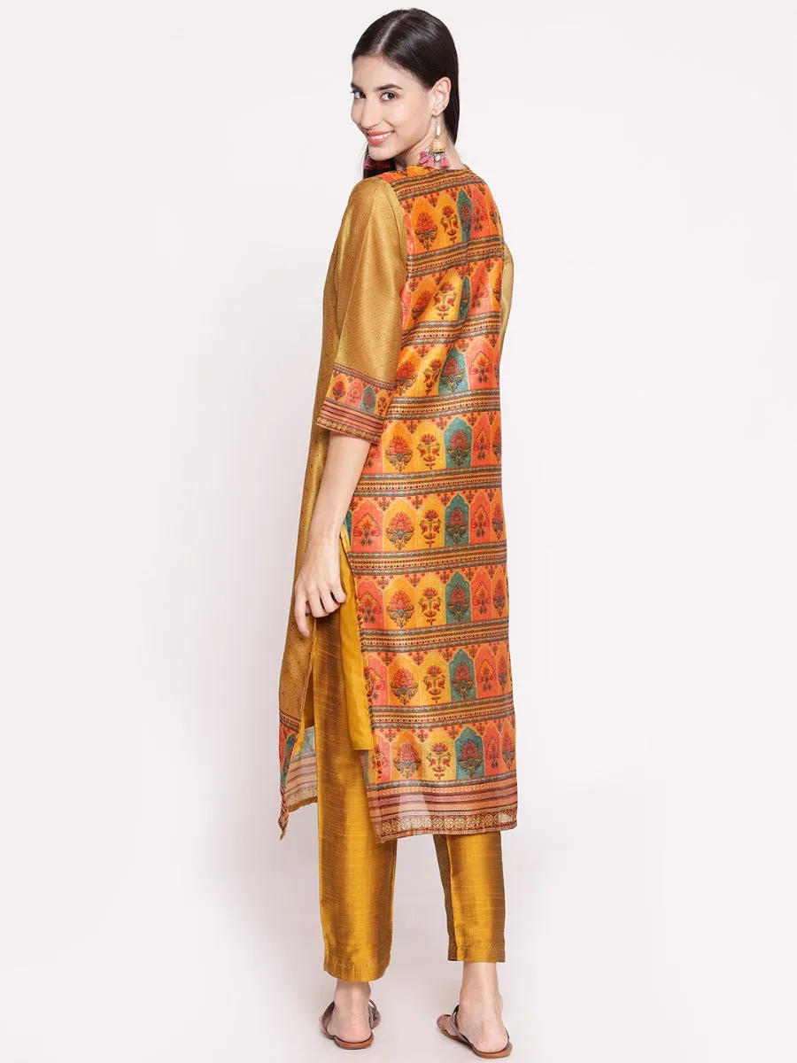 Mustard Ornamental Printed Kurta Pant Dupatta