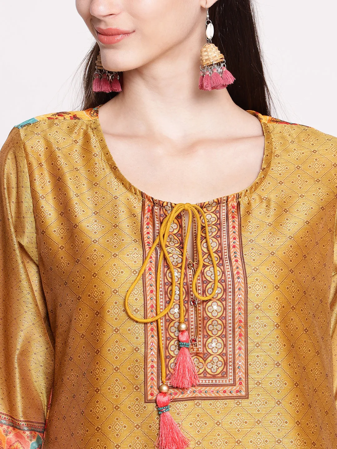 Mustard Ornamental Printed Kurta Pant Dupatta