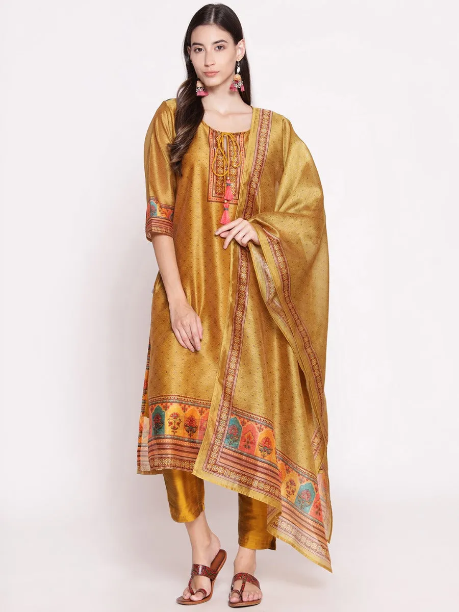 Mustard Ornamental Printed Kurta Pant Dupatta