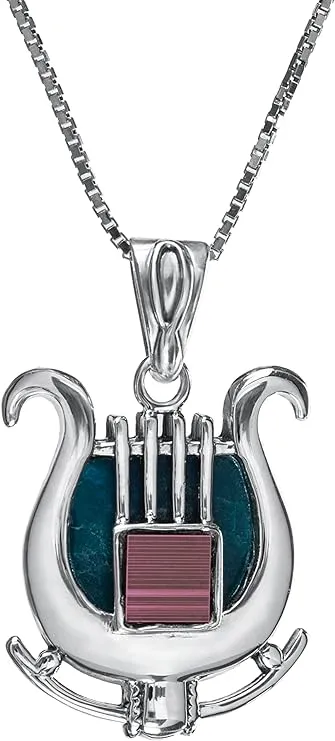 Nano Sim OB Silver Pendant - David's Harp with Eilat Stone from Holyland