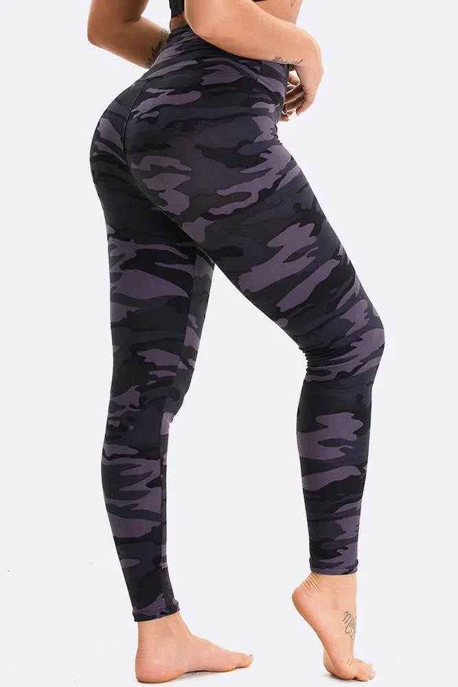 Navy Blue Camouflage Print Gym Pocket Leggings