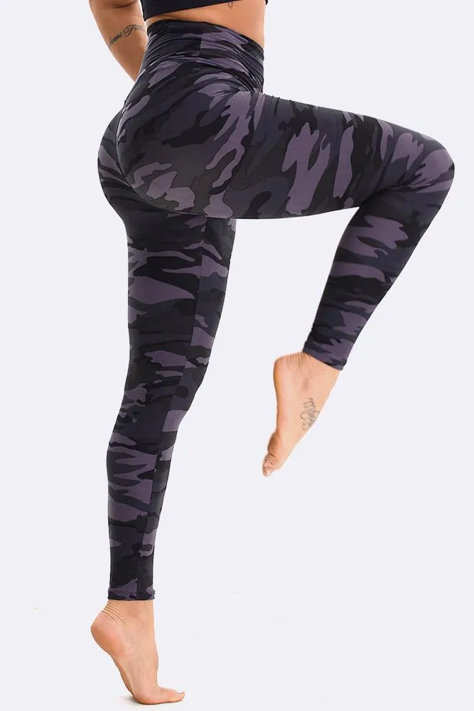 Navy Blue Camouflage Print Gym Pocket Leggings