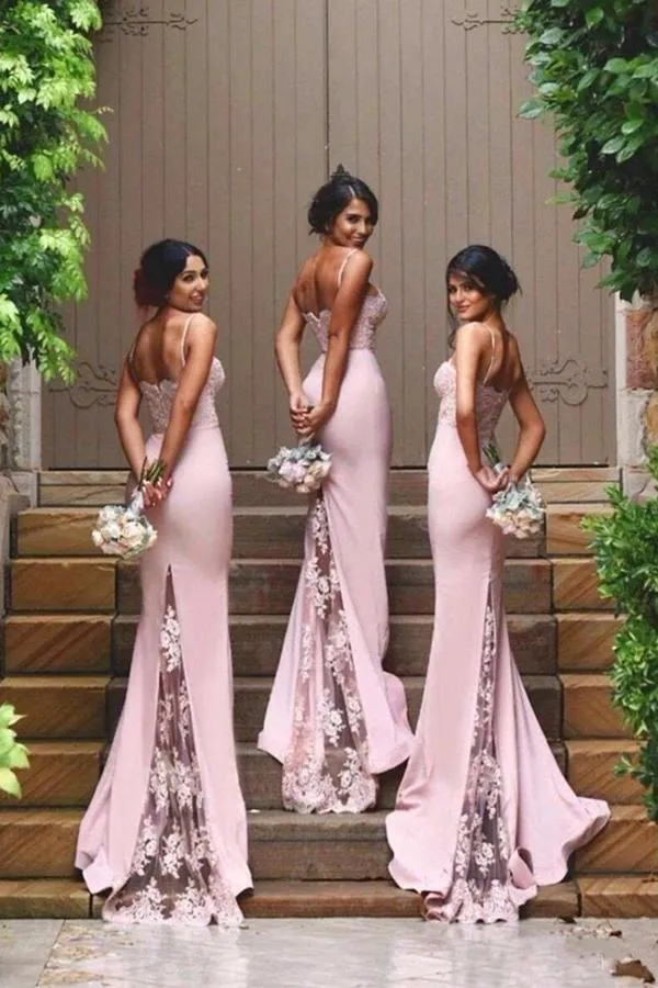 New Arrival Pink Spaghetti Straps Lace High Quality Mermaid Long Bridesmaid Dresses