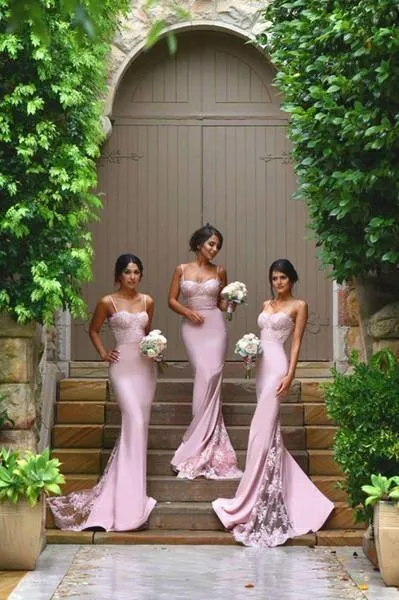 New Arrival Pink Spaghetti Straps Lace High Quality Mermaid Long Bridesmaid Dresses