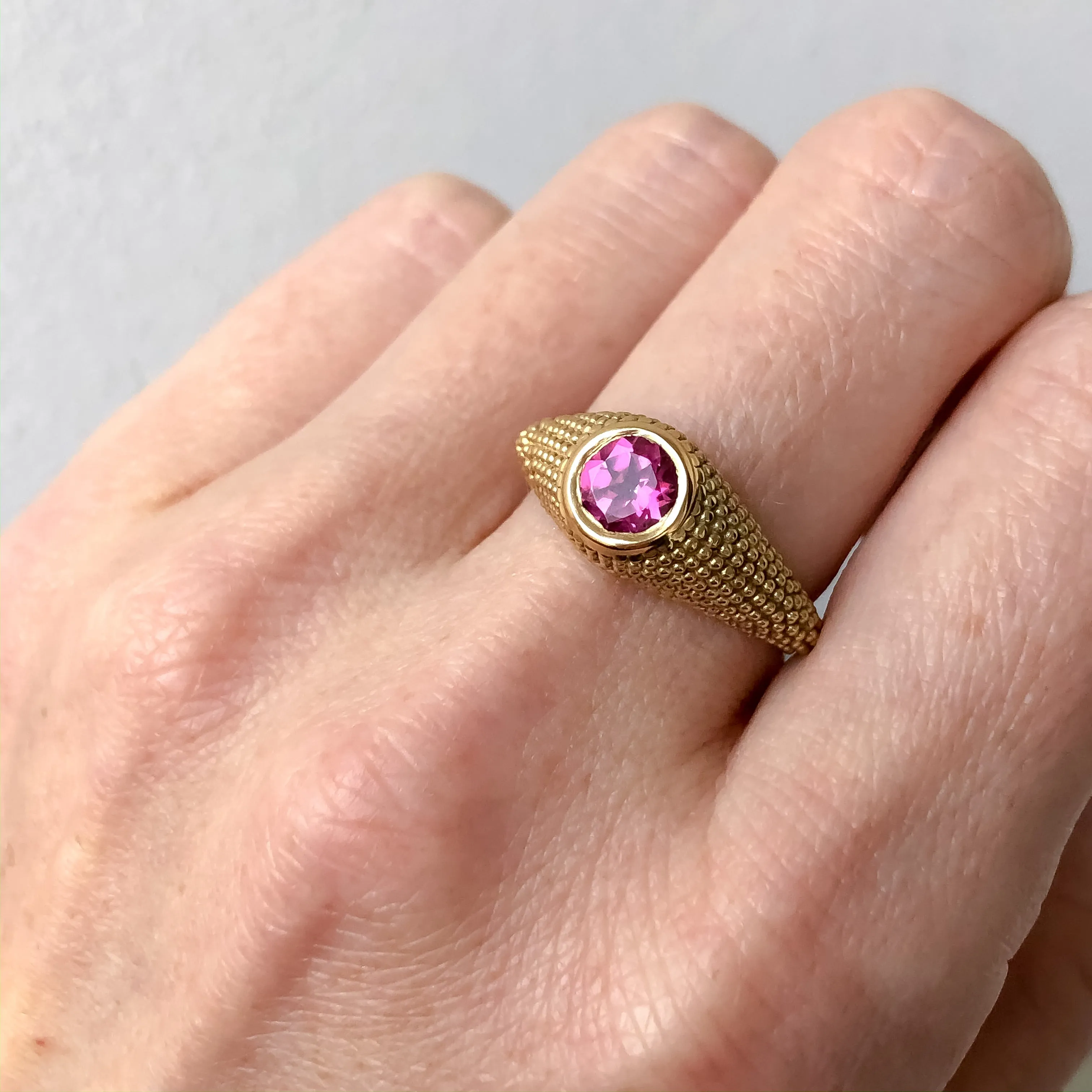 Nubia Round Pink Topaz Yellow Gold Ring Size 7.75US