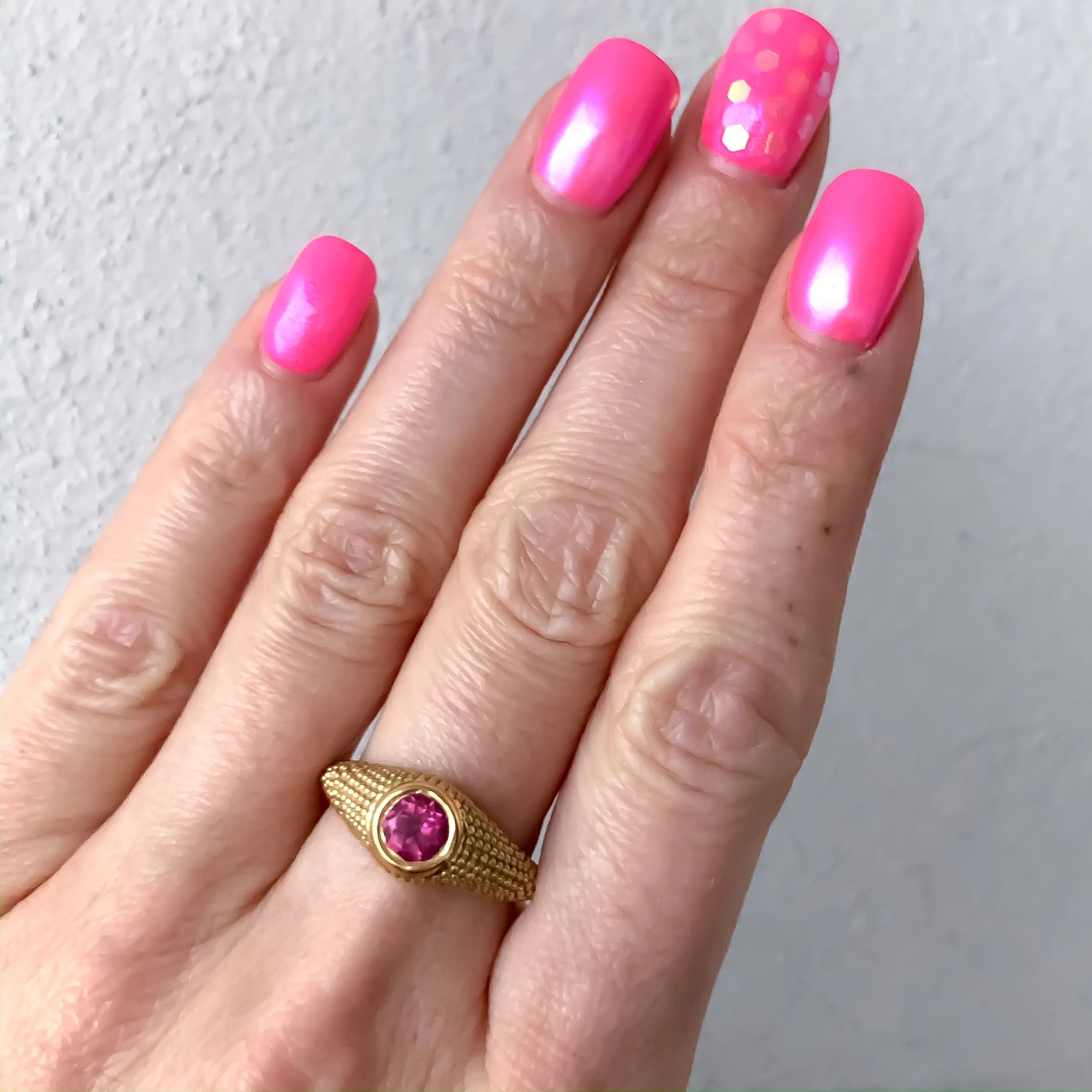 Nubia Round Pink Topaz Yellow Gold Ring Size 7.75US