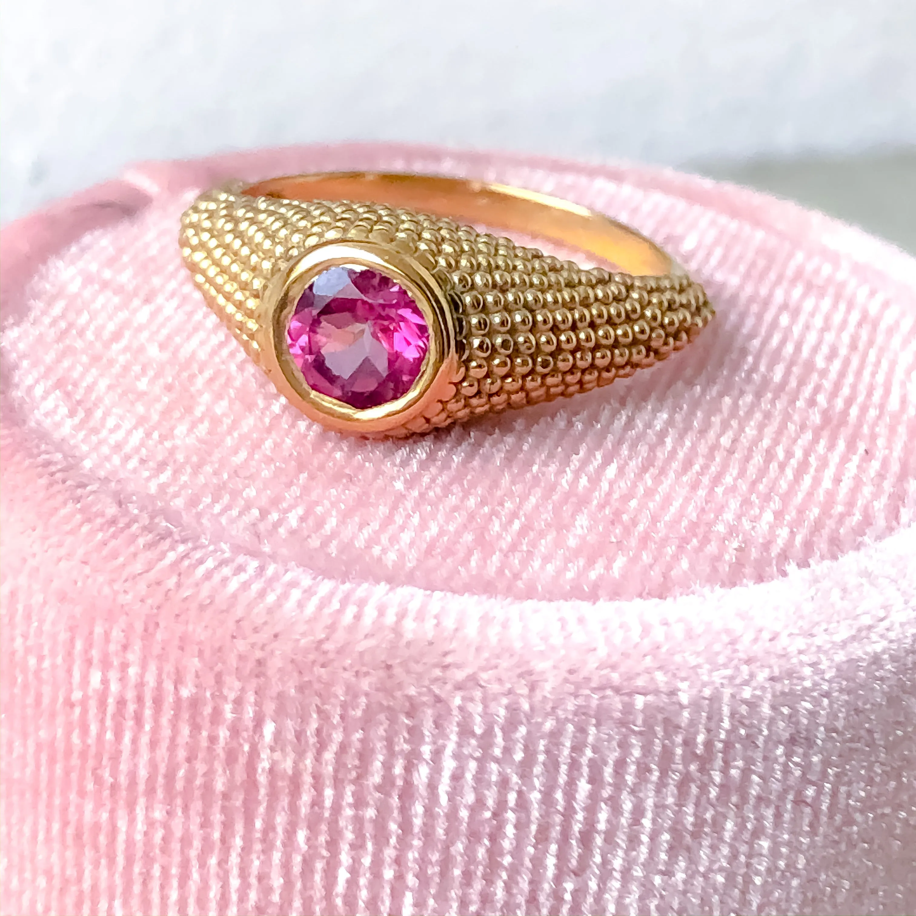 Nubia Round Pink Topaz Yellow Gold Ring Size 7.75US