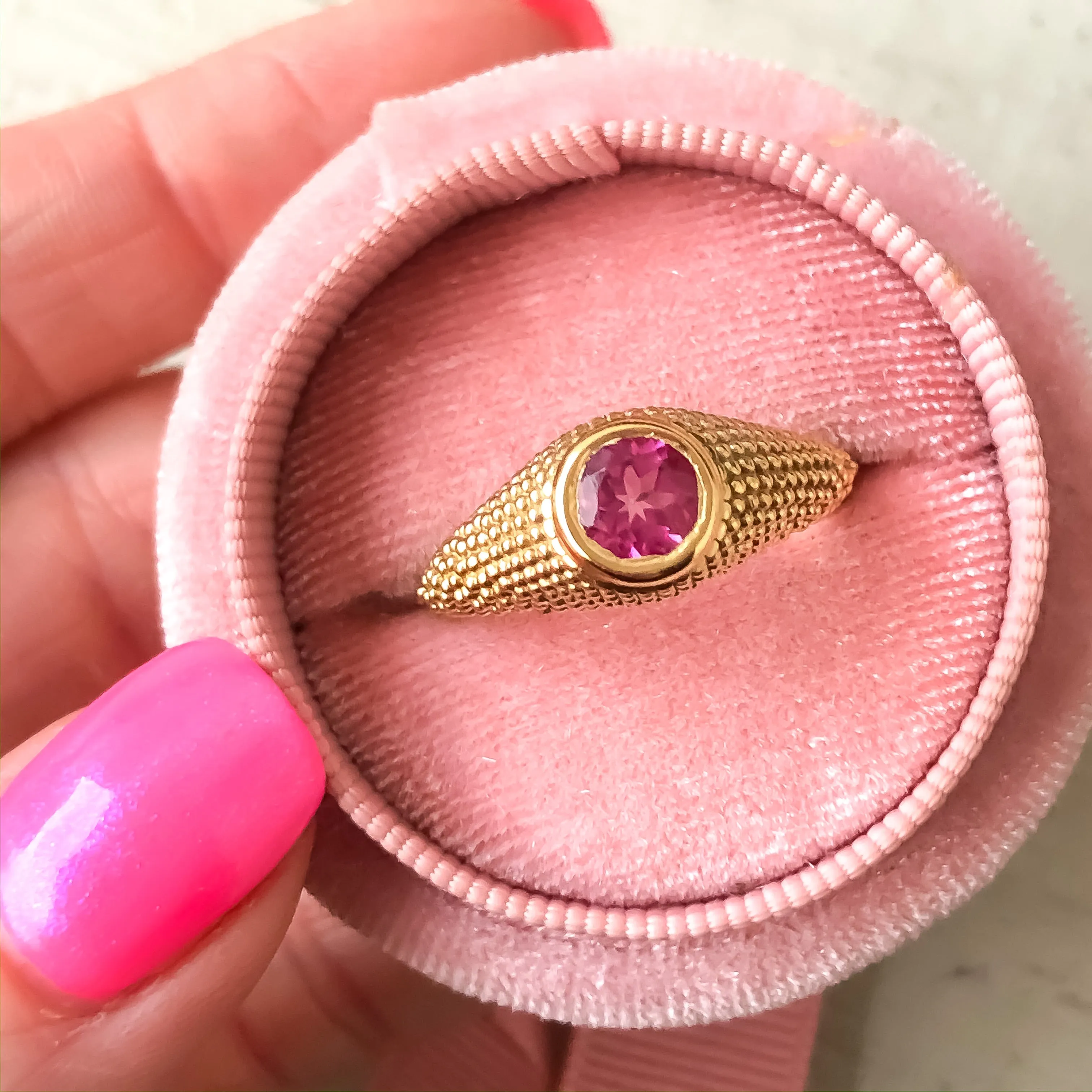 Nubia Round Pink Topaz Yellow Gold Ring Size 7.75US