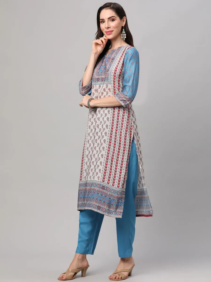 Off White Blue Floral Printed Kurta Trouser Dupatta