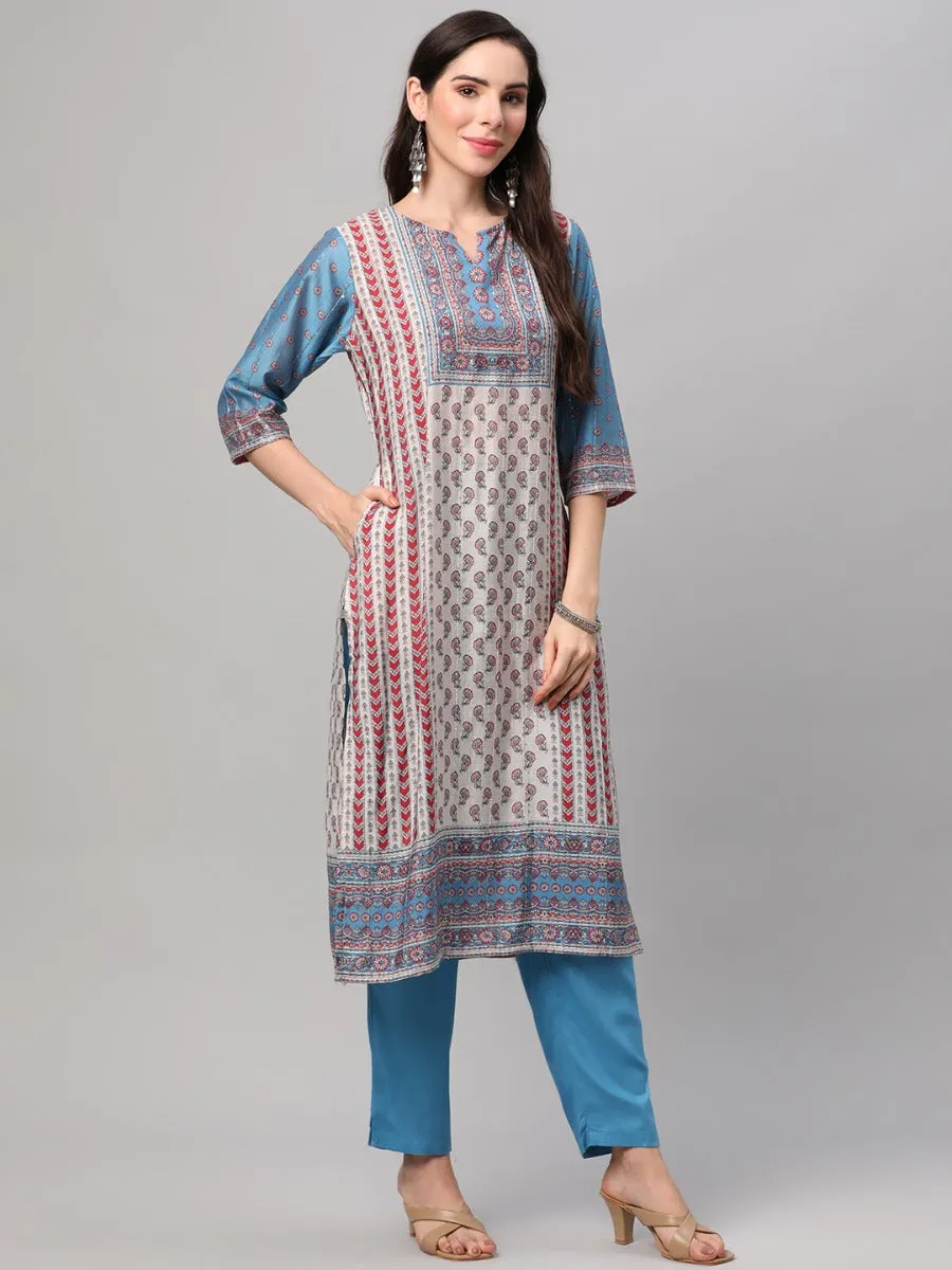 Off White Blue Floral Printed Kurta Trouser Dupatta